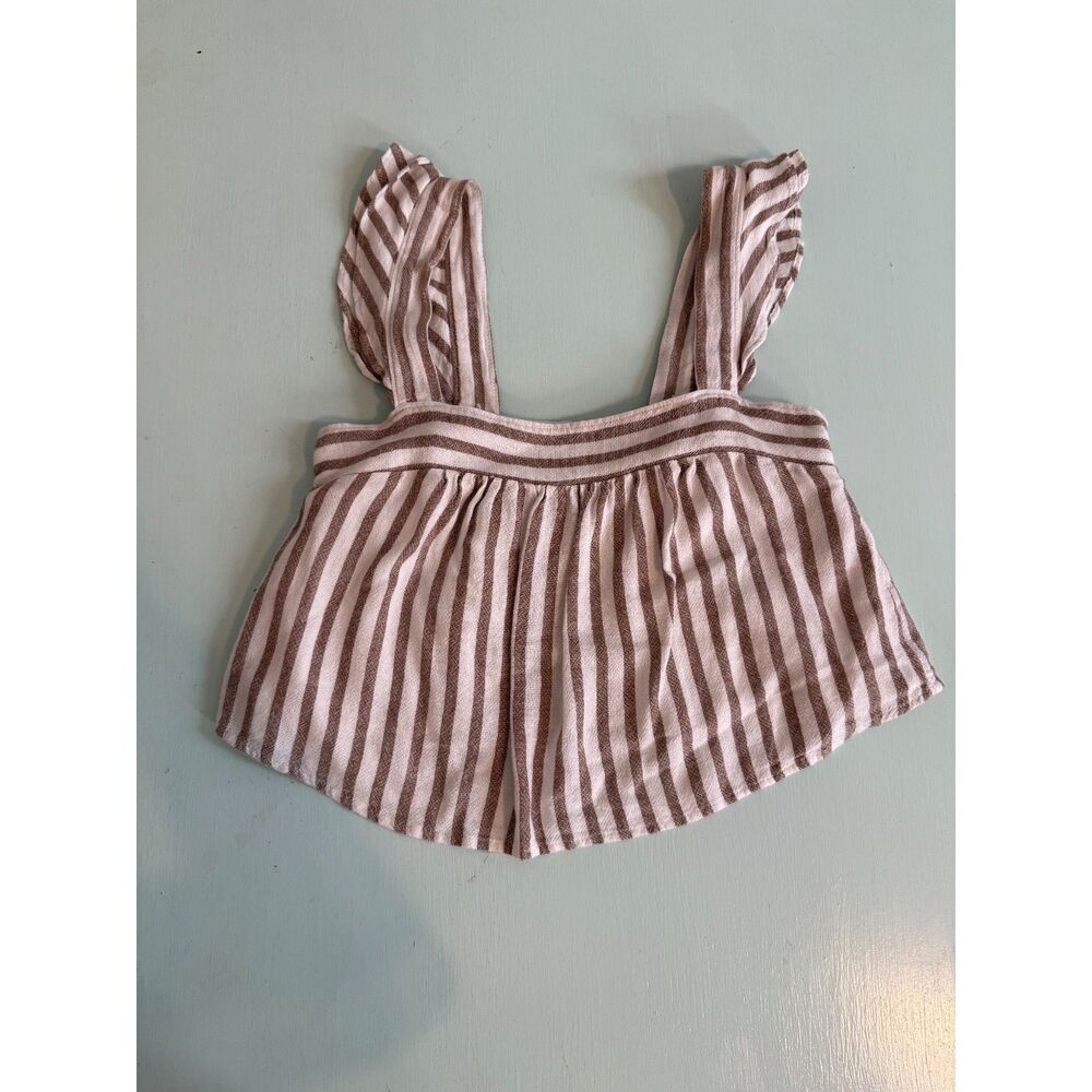Abercrombie & Fitch Linen Blend Babydoll Crop Top XS Brown Stripe Ruffle Strap